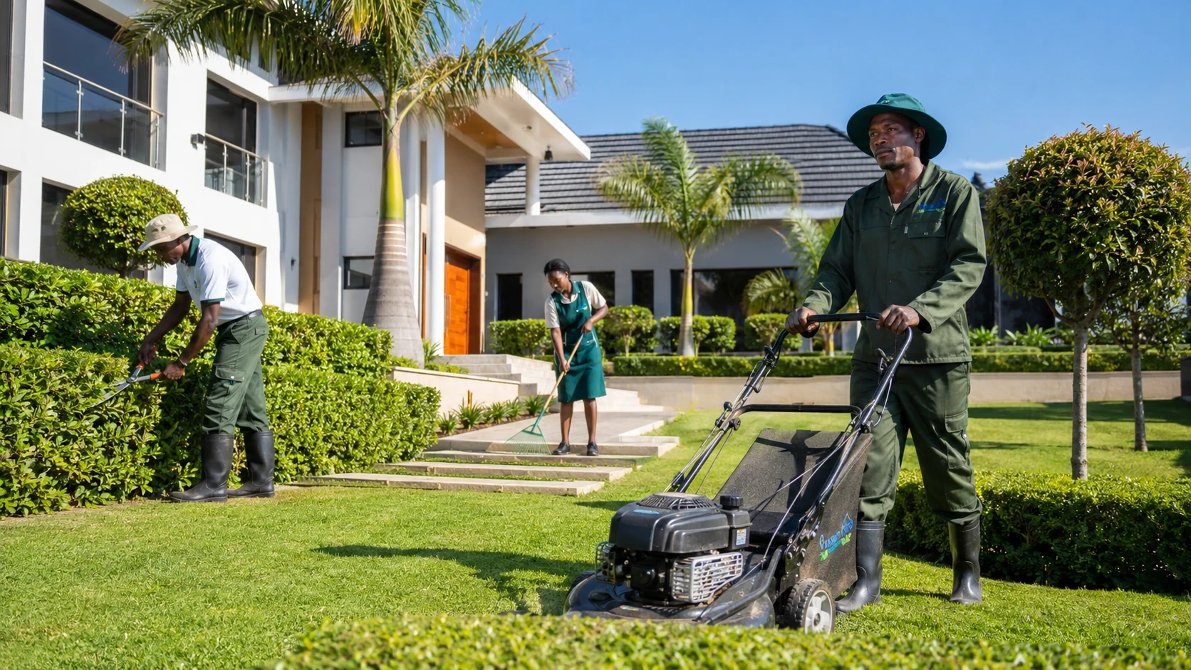 Grounds maintenance team at a landscaped property